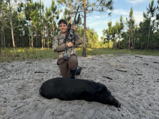 13 year old Parker’s first sit alone!!  Awesome shot on a great meat hog